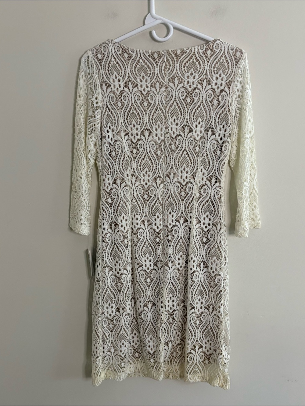 NWT Ronni Nicole Ivory Nude Crochet Lace Shift Dress 3/4 Sleeve Party Sz 4 - Picture 5 of 10